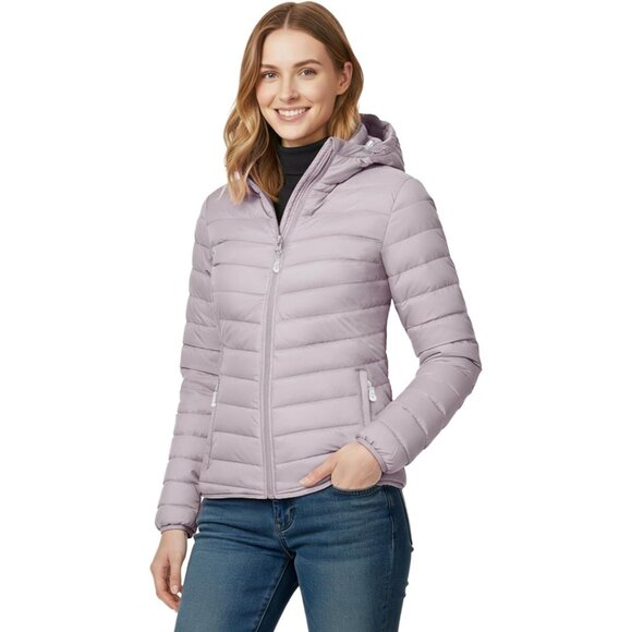 Jackets & Blazers - Women's Quilted Hooded Puffer Jacket Coat Pinkish Gray Lightweight Packable